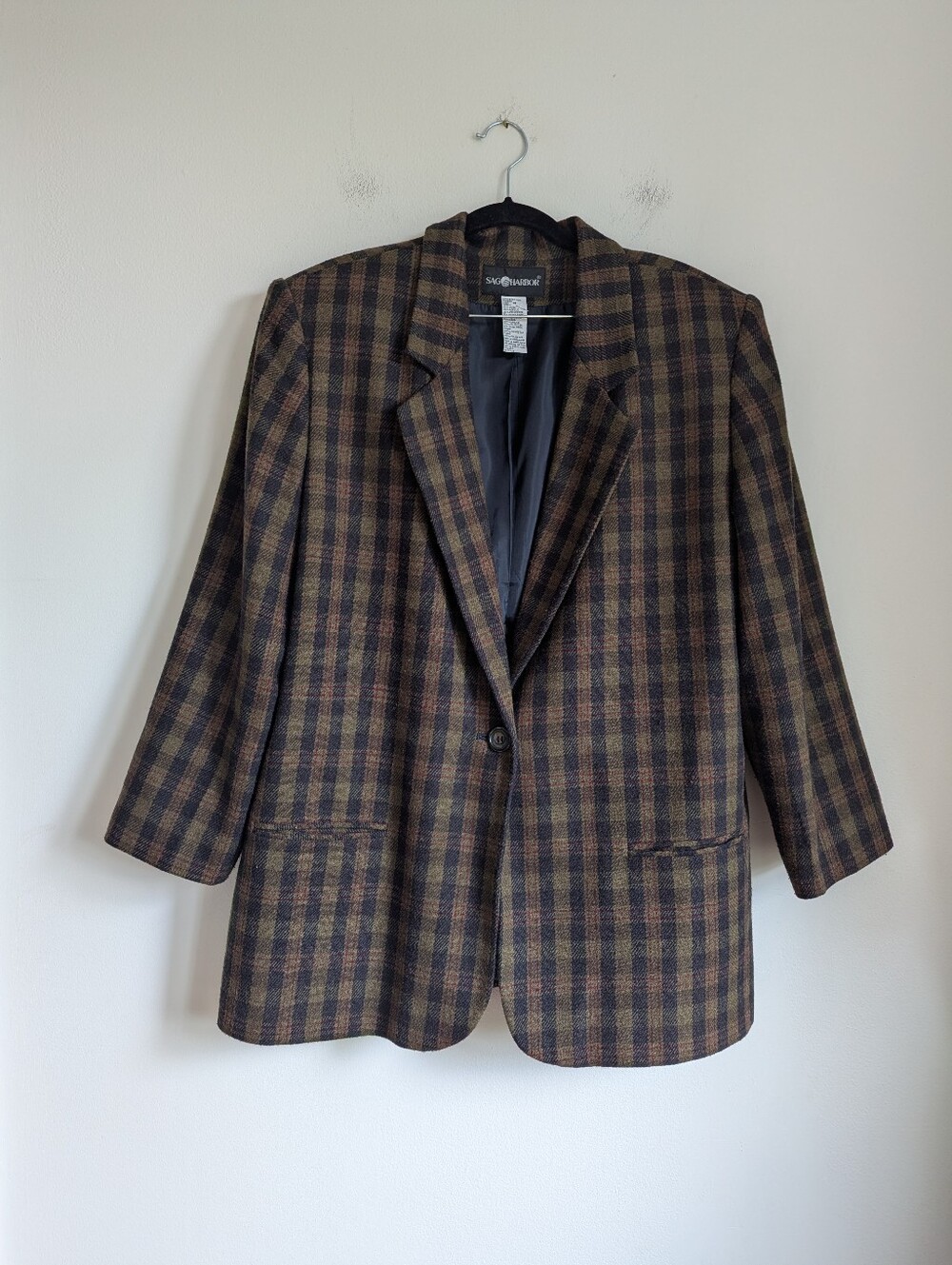 Vintage Earth Tones Plaid Wool Blend Oversized Structured Blazer 2X Academia